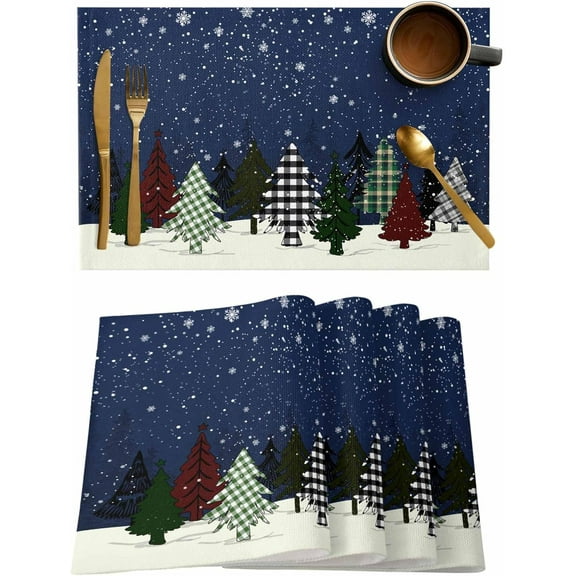 Placemats Set of 6, Cotton Linen Heat Table Mats Non-Slip Washable Navy Blue Gray Green Checkered Christmas Tree Snow Placemat for Holiday Banquet Dining Kitchen Table Decor