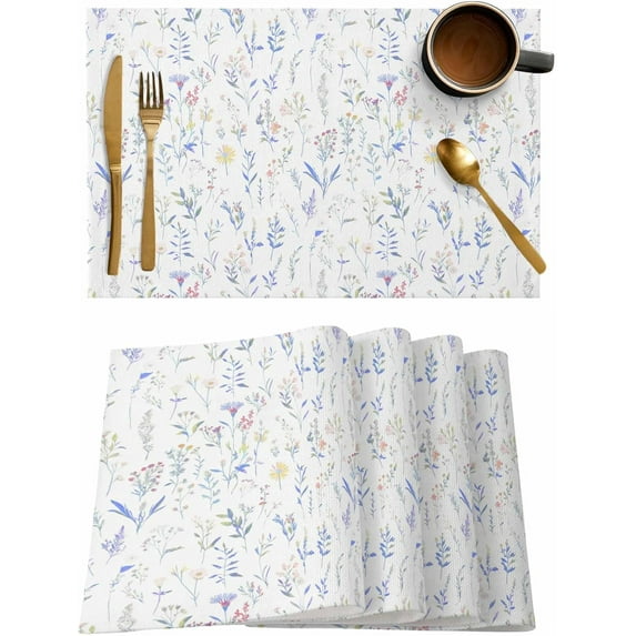 Placemats Set of 6, Cotton Linen Heat Table Mats Non-Slip Washable Spring Wildflowers Botanical Leaves Cornflower Blue Placemat for Holiday Banquet Dining Kitchen Table Decor