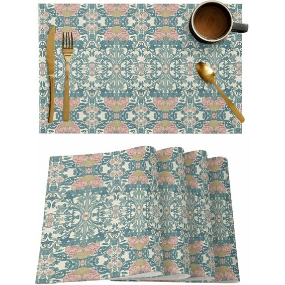 Placemats Set of 6, Cotton Linen Heat Table Mats Non-Slip Washable Teal Green Rustic Retro Pink Flowers Placemat for Holiday Banquet Dining Kitchen Table Decor