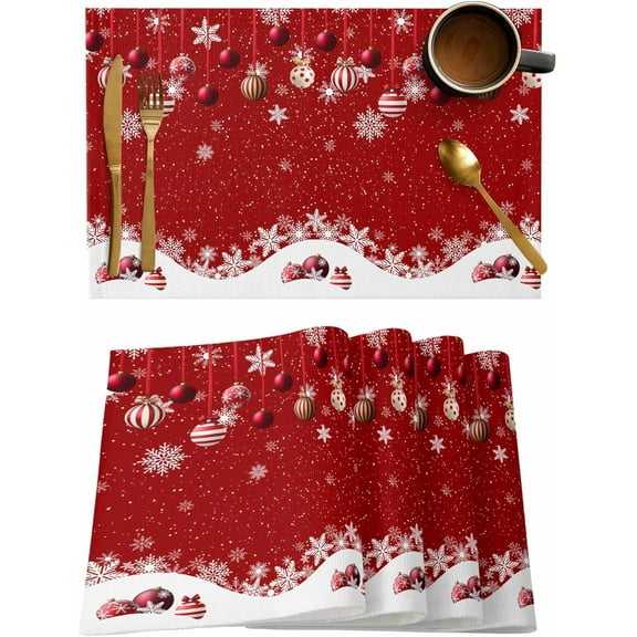 Placemats Set of 6, Cotton Linen Heat Table Mats Non-Slip Washable Various Christmas Ornaments Snowflakes Waves Red Placemat for Holiday Banquet Dining Kitchen Table Decor