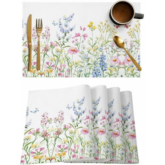 Placemats Set of 6, Cotton Linen Heat Table Mats Non-Slip Washable Wildflowers Spring Yellow Pink Blue Butterfly Placemat for Holiday Banquet Dining Kitchen Table Decor