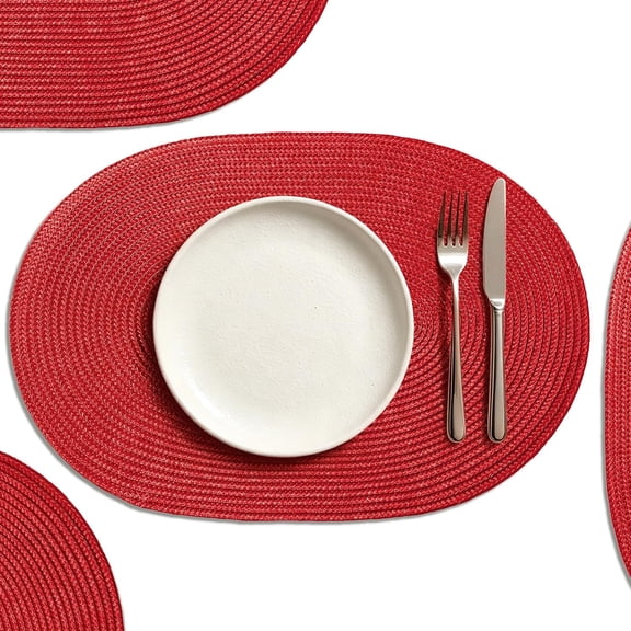 Placemats Set of 6 for Dining Table Washable Woven Non-Slip 18x12 inches Placemat Heat-Resistant Durable Table Mats for Dining Table Easy to Clean (Oval red, 6)