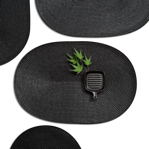 Washable woven vinyl placemats set (6 pieces) - Non-slip, heat-resistant, oval table mats, 18x12 inches, easy to clean, suitable for everyday family meals, black.