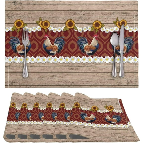 Placemats Set of 6, Dining Table Woven Vinyl PVC Placemat Wipeable Easy to Clean Oil-Proof Non-Slip Tablemats for Home Decorations, Rooster Daisy Wood Grain