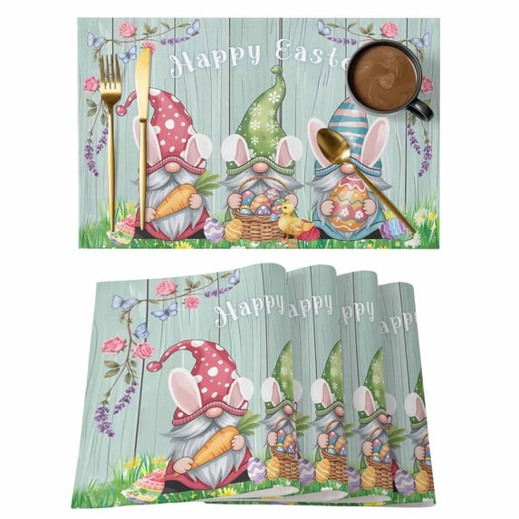 Placemats Set of 6, Easter Bunny Gnomes Woven Placemat, Linen Place Mats for Kitchen/Dining Tables, Spring Easter Eggs Floral Teal Wood Washable Table Mats for Party