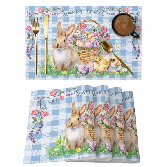 Placemats Set of 6, Easter Bunny Woven Placemat, Linen Place Mats for Kitchen/Dining Tables, Spring Easter Eggs Floral Blue Check Washable Table Mats for Party
