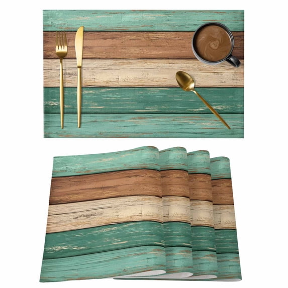 Placemats Set of 6, Farmhouse Teal Brown Woven Placemat, Linen Place Mats for Kitchen/Dining Tables, Vintage Wooden Striped Washable Table Mats for Party