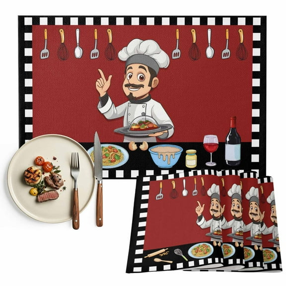 Placemats Set of 6, Funny Chef Kitchen Place Mats Buffalo Plaid Check Red Tablemats Washable Placemat Table Decoration for Kitchen Table Dinner Party Home Decor Indoor Outdoor 13x19 Inch