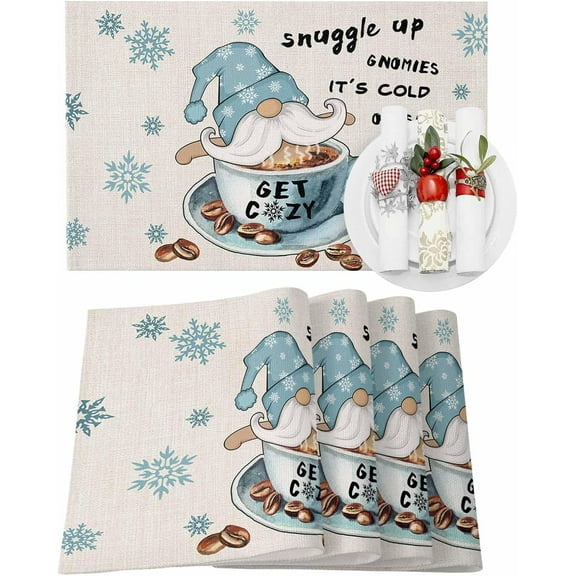 Placemats Set of 6 Gnome Coffee Time Place Mats for Dining Table Heat-Resistant Non-Slip Washable Snowflake Table Mat for Dining Room, Kitchen, Home Decoration