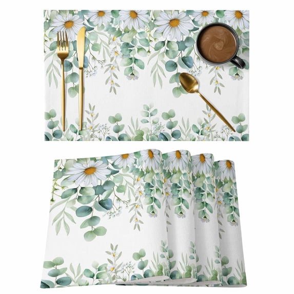 Placemats Set of 6, Green Eucalyptus Leaves Woven Placemat, Linen Place Mats for Kitchen/Dining Tables, Summer Botanical Daisy Floral Washable Table Mats for Party