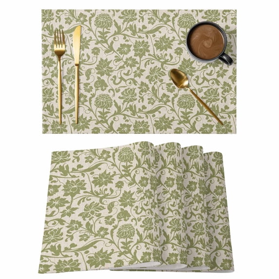 Placemats Set of 6, Green Floral Woven Placemat, Linen Place Mats for Kitchen/Dining Tables, Vintage Rustic Botanical Spring Washable Table Mats for Party