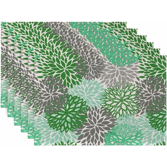 Placemats Set of 6, Green and Gray Dahlia Flower Washable Heat Resistant Linen Table Mats, Kitchen Decor Non-Slip Place Mats for Party Dining, 12x18 Inch