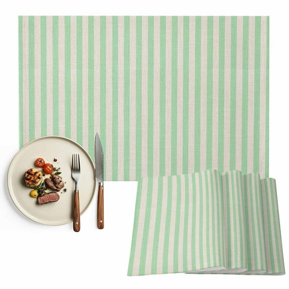 Placemats Set of 6, Green Stripes Place Mats Linen Classic Vertical Striped Tablemats Washable Placemat Table Decoration for Kitchen Table Dinner Party Home Decor Indoor Outdoor 13x19 Inch