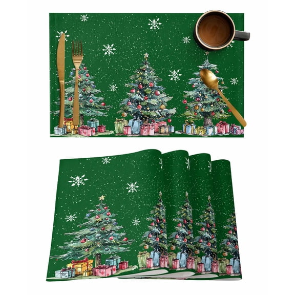 Placemats Set of 6, Green Tree Christmas Woven Placemat, Linen Place Mats for Kitchen/Dining Tables, Xmas Snowflake Watercolor Washable Table Mats for Party
