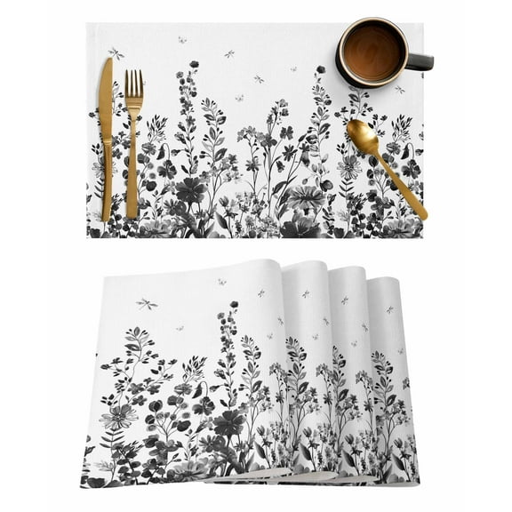 Placemats Set of 6, Grey Botanical Woven Placemat, Linen Place Mats for Kitchen/Dining Tables, Dragonfly Flower Leaf Retro Ink Style Washable Table Mats for Party