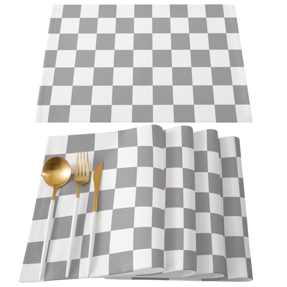 Placemats Set of 6, Grey Checkerboard Place Mats Classic Squares Plaid Linen Tablemats Washable Placemat Table Decoration for Kitchen Table Dinner Party Home Decor Indoor Outdoor 13x19 Inch