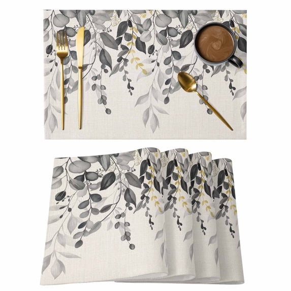 Placemats Set of 6, Grey Eucalyptus Woven Placemat, Linen Place Mats for Kitchen/Dining Tables, Farmhouse Weeping Leaves on Linen Washable Table Mats for Party