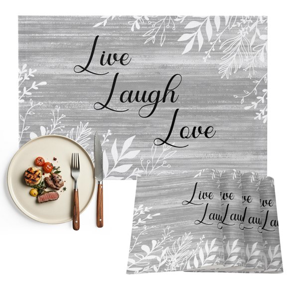 Placemats Set of 6, Grey Rustic Wood Grain Place Mats Leaves Laugh Love Tablemats Washable Placemat Table Decoration for Kitchen Table Dinner Party Home Decor Indoor Outdoor 13x19 Inch