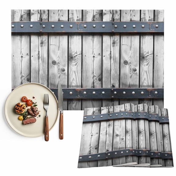 Placemats Set of 6, Grey Wood Grain Place Mats Retro Barn Door Tablemats Washable Placemat Table Decoration for Kitchen Table Dinner Party Home Decor Indoor Outdoor 13x19 Inch