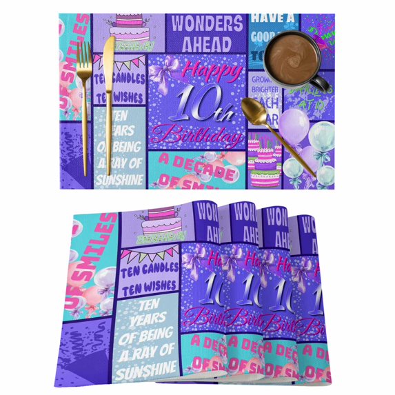 Placemats Set of 6, Happy 10th Birthday Woven Placemat, Linen Place Mats for Kitchen/Dining Tables, Purple Bows Balloons Cakes Polka Dot Washable Table Mats for Party
