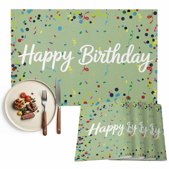 Placemats Set of 6, Happy Birthday Place Mats Polka Dot Ribbon Celebration Sage Green Tablemats Washable Placemat Table Decoration for Kitchen Table Dinner Party Home Decor Indoor Outdoor 13x19 Inch