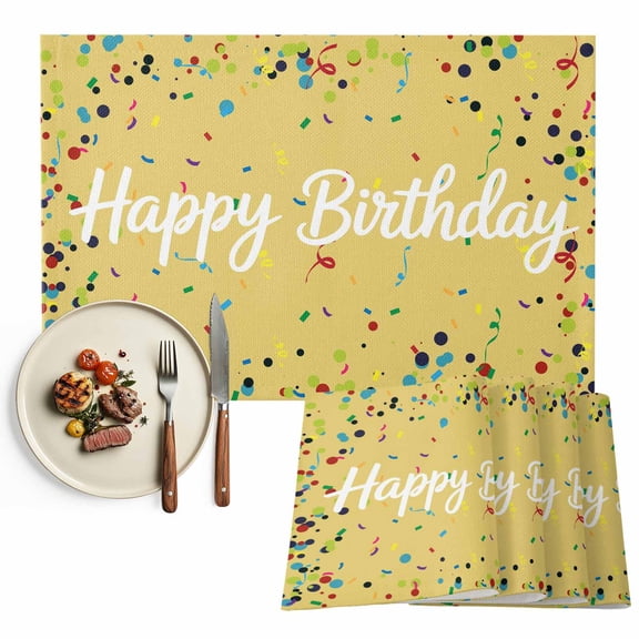 Placemats Set of 6, Happy Birthday Place Mats Polka Dot Ribbon Celebration Yellow Tablemats Washable Placemat Table Decoration for Kitchen Table Dinner Party Home Decor Indoor Outdoor 13x19 Inch
