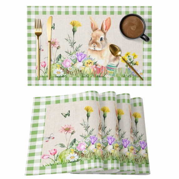Placemats Set of 6, Happy Easter Bunny Woven Placemat, Linen Place Mats for Kitchen/Dining Tables, Spring Floral Burlap Sage Green Plaid Washable Table Mats for Party