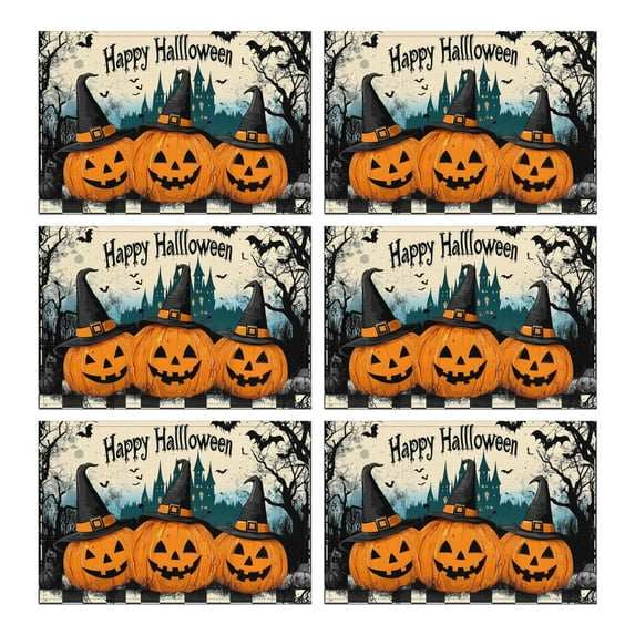 Placemats Set of 6 Happy Halloween Pumpkin Bat Spider Ghost Place Mat Washable Anti-Skid Outdoor Indoor Table Mats for Wedding Restaurant & Camping Autumn Halloween Table Mats
