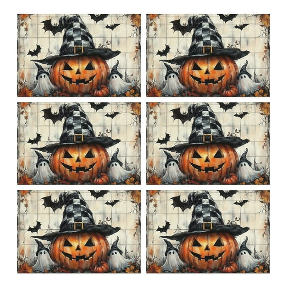 Placemats Set of 6 Happy Halloween Pumpkin Bat Spider Ghost Place Mats Washable Anti-Skid Table Mats for Halloween Dining Table Accessories Autumn Halloween Dining Table Mats