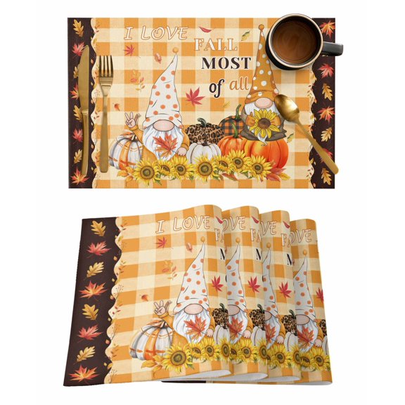 Placemats Set of 6 I Love Fall Most of All Autumn Gnome Pumpkin Leaf Orange Plaid Heat Insulation Washable Place Mats, Rustic Non-Slip Table Mats for Dining Table Party Kitchen Decor,13x19 Inch