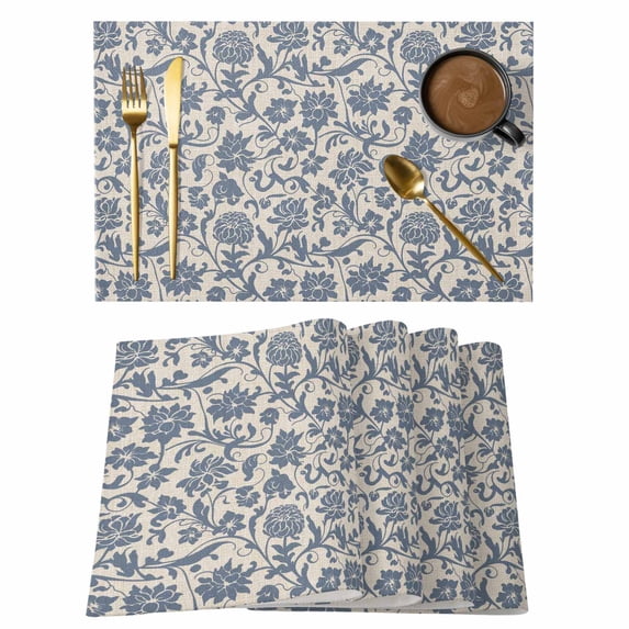 Placemats Set of 6, Light Blue Floral Woven Placemat, Linen Place Mats for Kitchen/Dining Tables, Rustic Vintage Flowers Botanical Spring Washable Table Mats for Party