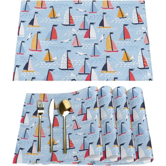 Placemats Set of 6 Marine Cartoon Sailing Bird Fabric Placemats Square Placemat for Kitchen Table Heat Resistant, Easy to Clean Table Placemats 12x18 Inch