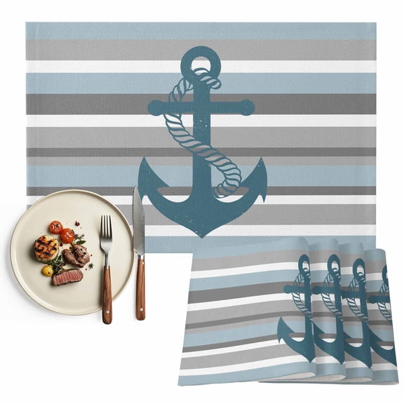 Placemats Set of 6, Nautical Anchor Place Mats Haze Blue Grey Stripes Tablemats Washable Placemat Table Decoration for Kitchen Table Dinner Party Home Decor Indoor Outdoor 13x19 Inch