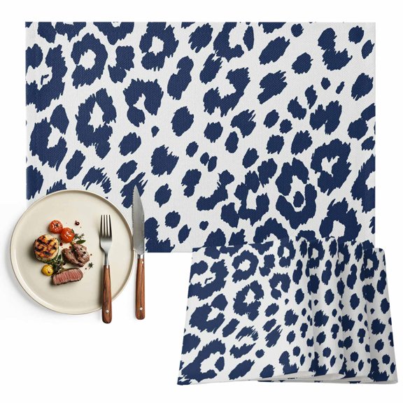 Placemats Set of 6, Navy Blue Leopard Print Place Mats Animal Fur Skin Tablemats Washable Placemat Table Decoration for Kitchen Table Dinner Party Home Decor Indoor Outdoor 13x19 Inch