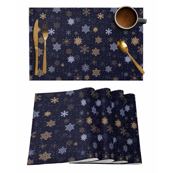 Placemats Set of 6, Navy Blue Yellow White Christmas Woven Placemat, Linen Place Mats for Kitchen/Dining Tables, Xmas Snowflake Winter Washable Table Mats for Party