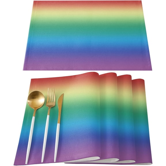 Placemats Set of 6,Non Slip Washable Table Mats Set, Red Yellow Green Blue Purple Gradient Table Placemats for Kitchen Dining Table,Wedding Holiday Party Decoration