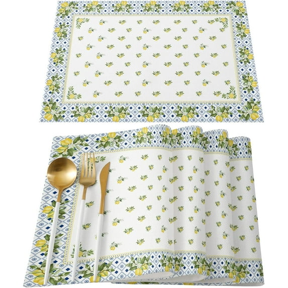 Placemats Set of 6,Non Slip Washable Table Mats Set, Summer Lemon Retro Floral Table Placemats for Kitchen Dining Table,Wedding Holiday Party Decoration