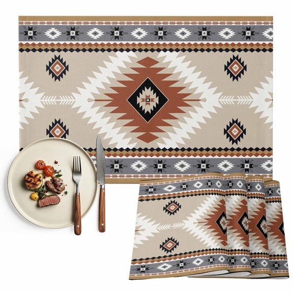 Placemats Set of 6, Orange Bohemian Place Mats Aztec Boho Tribal Style Tablemats Washable Placemat Table Decoration for Kitchen Table Dinner Party Home Decor Indoor Outdoor 13x19 Inch