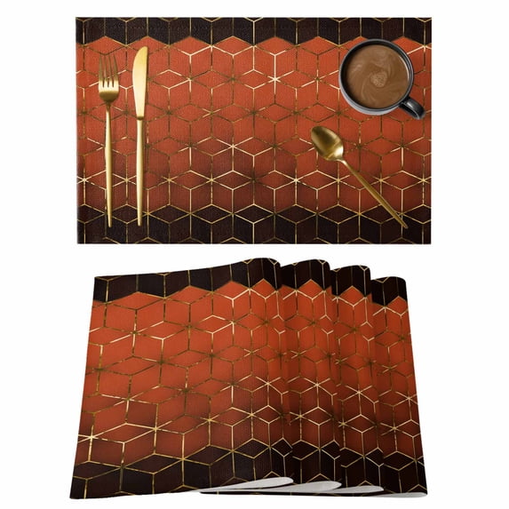 Placemats Set of 6, Orange Geometric Woven Placemat, Linen Place Mats for Kitchen/Dining Tables, Ombre Modern Abstract Art Washable Table Mats for Party