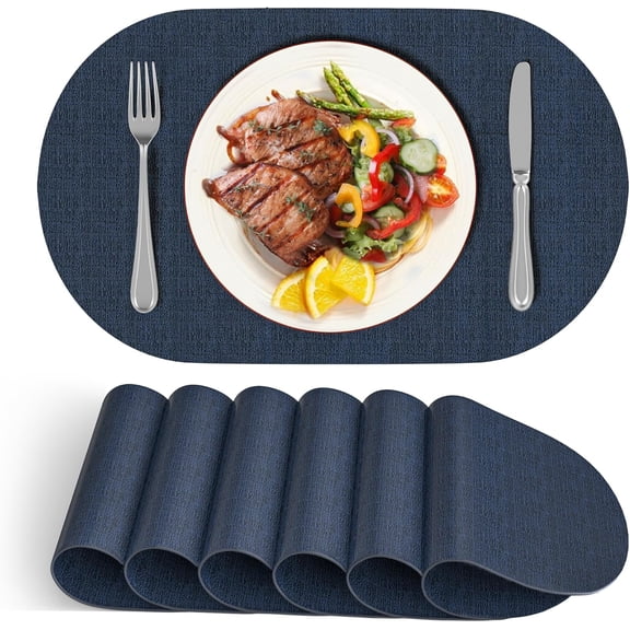 Placemats Set of 6, Oval Reversible Wipeable & Heat Resistant Place Mats, Modern Faux Leather Table Mats for Kitchen, Neutral Tablemats for Dining Table Decor, Wedding, Party(Navy Blue)