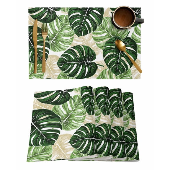 Placemats Set of 6, Palm Leaf Woven Placemat, Linen Place Mats for Kitchen/Dining Tables, Tropical Plant Country Green Summer Washable Table Mats for Party