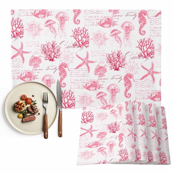 Placemats Set of 6, Pink Jellyfish Place Mats Coral Starfish Seahorse Tablemats Washable Placemat Table Decoration for Kitchen Table Dinner Party Home Decor Indoor Outdoor 13x19 Inch