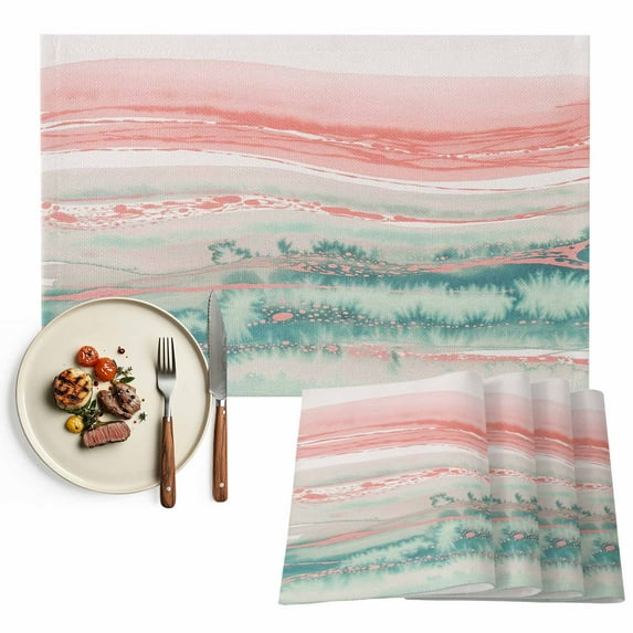 Placemats Set of 6, Pink Teal Marble Place Mats Abstract Fluid Tablemats Washable Placemat Table Decoration for Kitchen Table Dinner Party Home Decor Indoor Outdoor 13x19 Inch