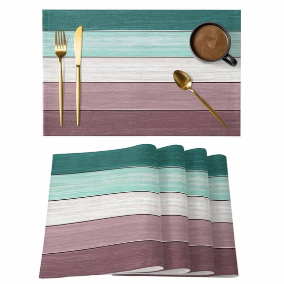 Placemats Set of 6, Purple Green Wood Grain Woven Placemat, Linen Place Mats for Kitchen/Dining Tables, Rustic Retro Wooden Plank Washable Table Mats for Party