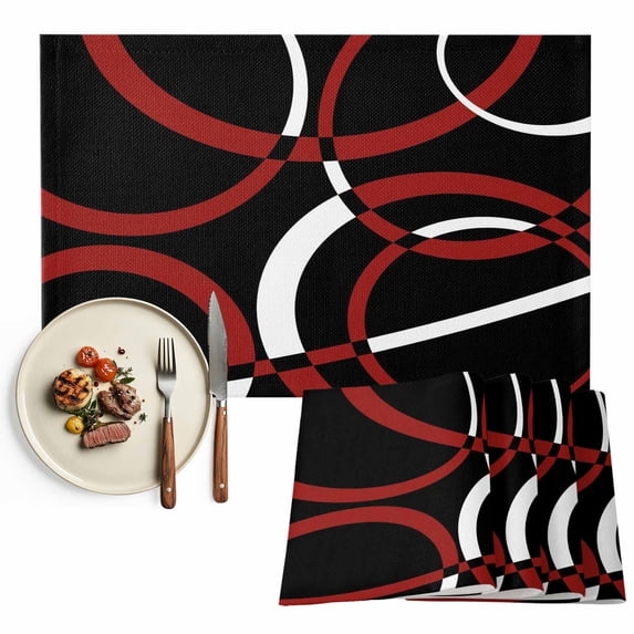 Placemats Set of 6, Red Black Geometric Circle Place Mats Modern Abstract Lines Tablemats Washable Placemat Table Decoration for Kitchen Table Dinner Party Home Decor Indoor Outdoor 13x19 Inch