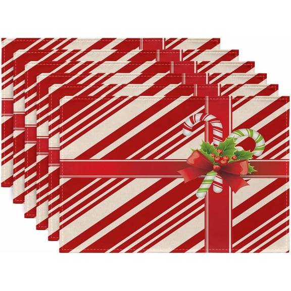 Placemats Set of 6, Red and Cream Stripes Christmas Candy Cane Washable Heat Resistant Linen Table Mats, Kitchen Decor Non-Slip Place Mats for Party Dining, 12x18 Inch