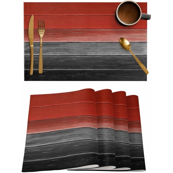 Placemats Set of 6, Red Gray Black Woven Placemat, Linen Place Mats for Kitchen/Dining Tables, Vintage Country Gradient Wooden Grain Washable Table Mats for Party