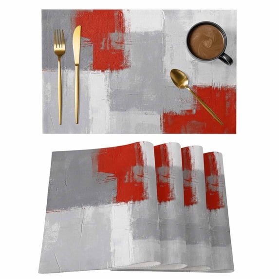 Placemats Set of 6, Red Grey Woven Placemat, Linen Place Mats for Kitchen/Dining Tables, Abstract Geometric Color Block Oil Painting Washable Table Mats for Party
