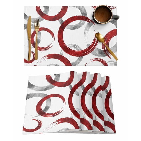 Placemats Set of 6, Red Grey Woven Placemat, Linen Place Mats for Kitchen/Dining Tables, Geometric Circle Modern Abstract Simple Art Washable Table Mats for Party