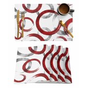 Placemats Set of 6, Red Grey Woven Placemat, Linen Place Mats for Kitchen/Dining Tables, Geometric Circle Modern Abstract Simple Art Washable Table Mats for Party